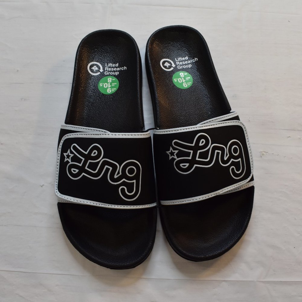 Lifted Research Group LRG Mens Cursive Logo Slides Black Sandals Shoes New 9